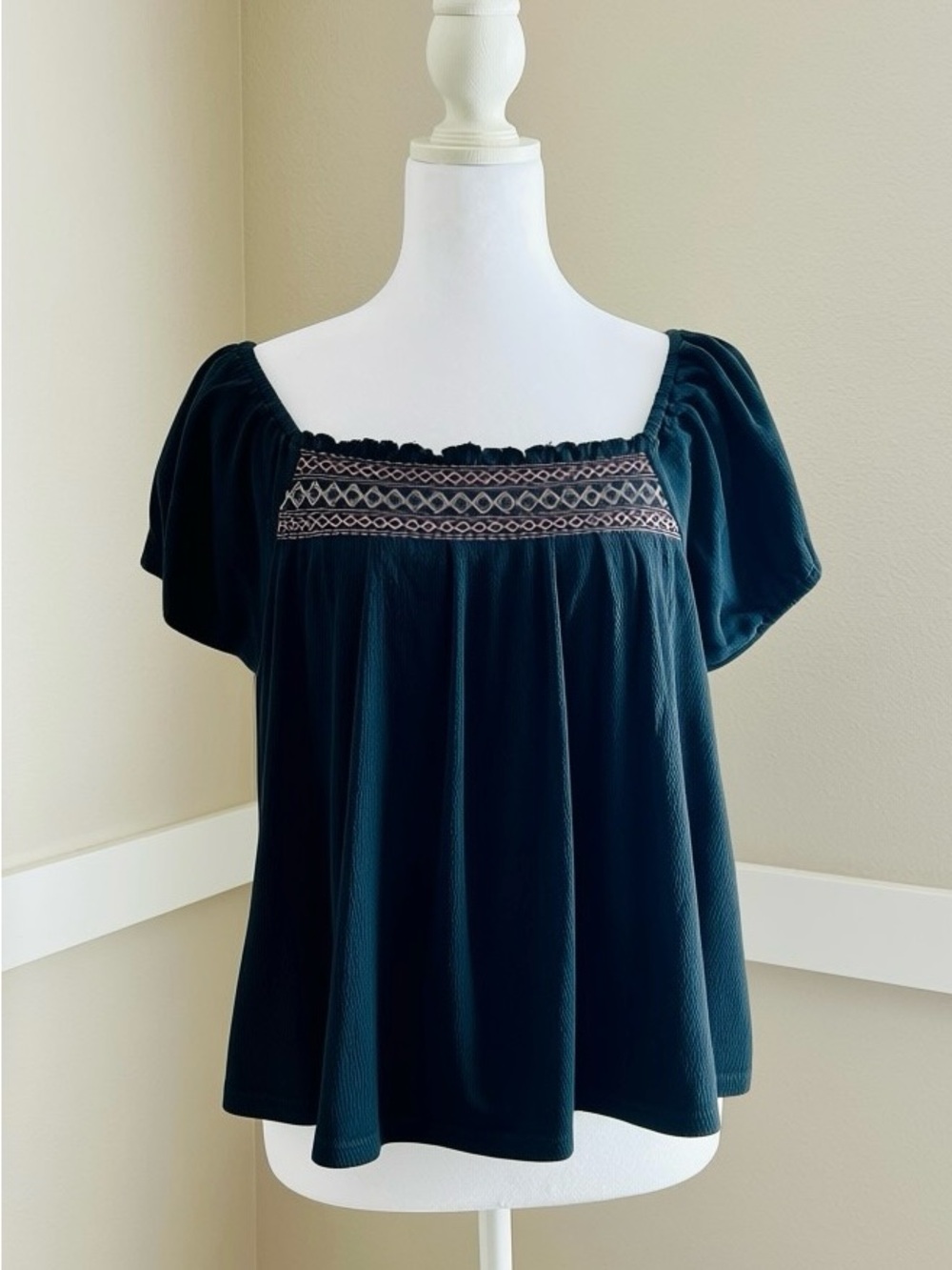 Madewell Black Square-Neck Embroidered Puff Sleeve Blouse/Med